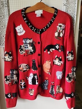 Susan Bristol Sz XL Cat Christmas Cardigan y2k Red Embellished